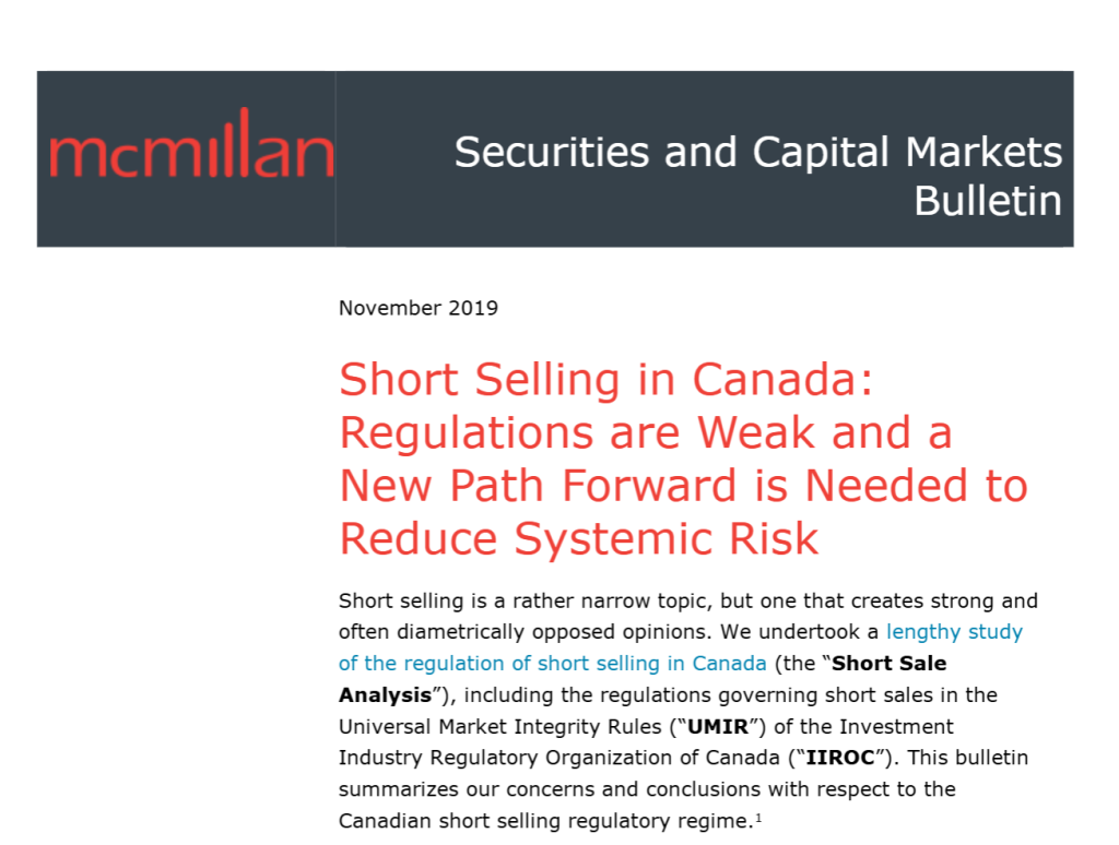 Short Selling in Canada: Regulations are Weak and a New Path Forward is Needed to Reduce Systemic Risk